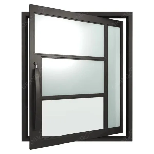 Minimalist lines single wrought iron pivot front doors | steel front doors