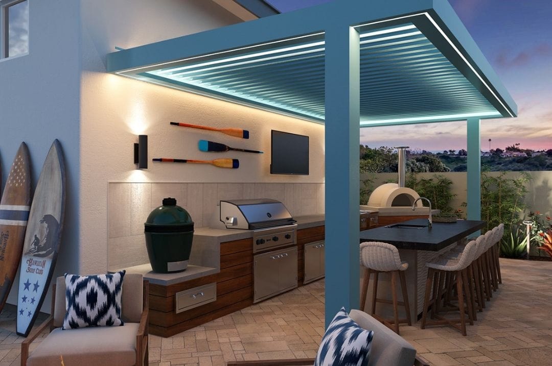 a aluminum pergola attached to house with outdoor kitchen and LED lighting - grandseabuilding.com