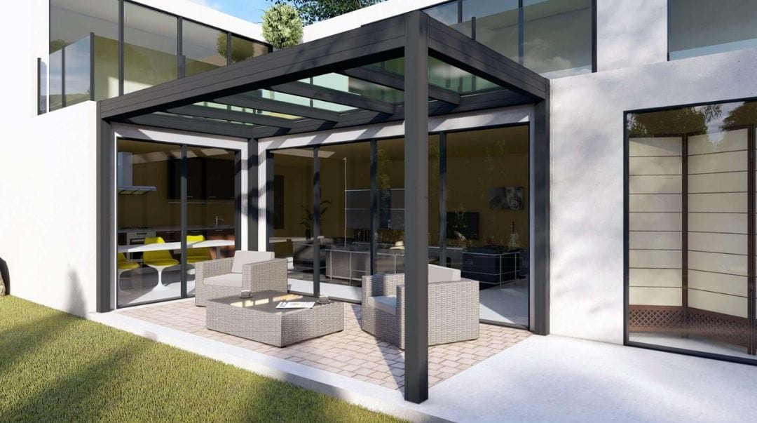 a pergola with a glass roof overlooking a backyard - grandseabuilding.com