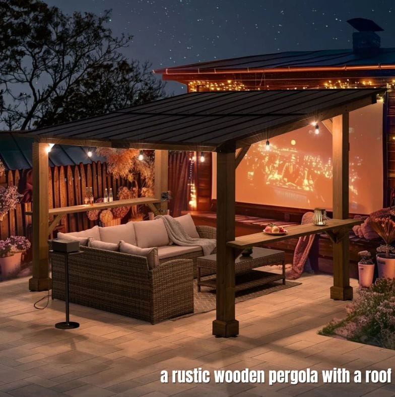 a rustic wooden pergola with a shiny metal roof - grandseabuilding.com a rustic wooden pergola with a shiny metal roof