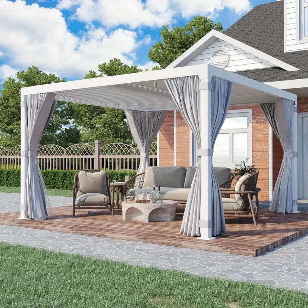 10x10ft Aluminum Louvered Pergola with Curtains - grandseabuilding.com