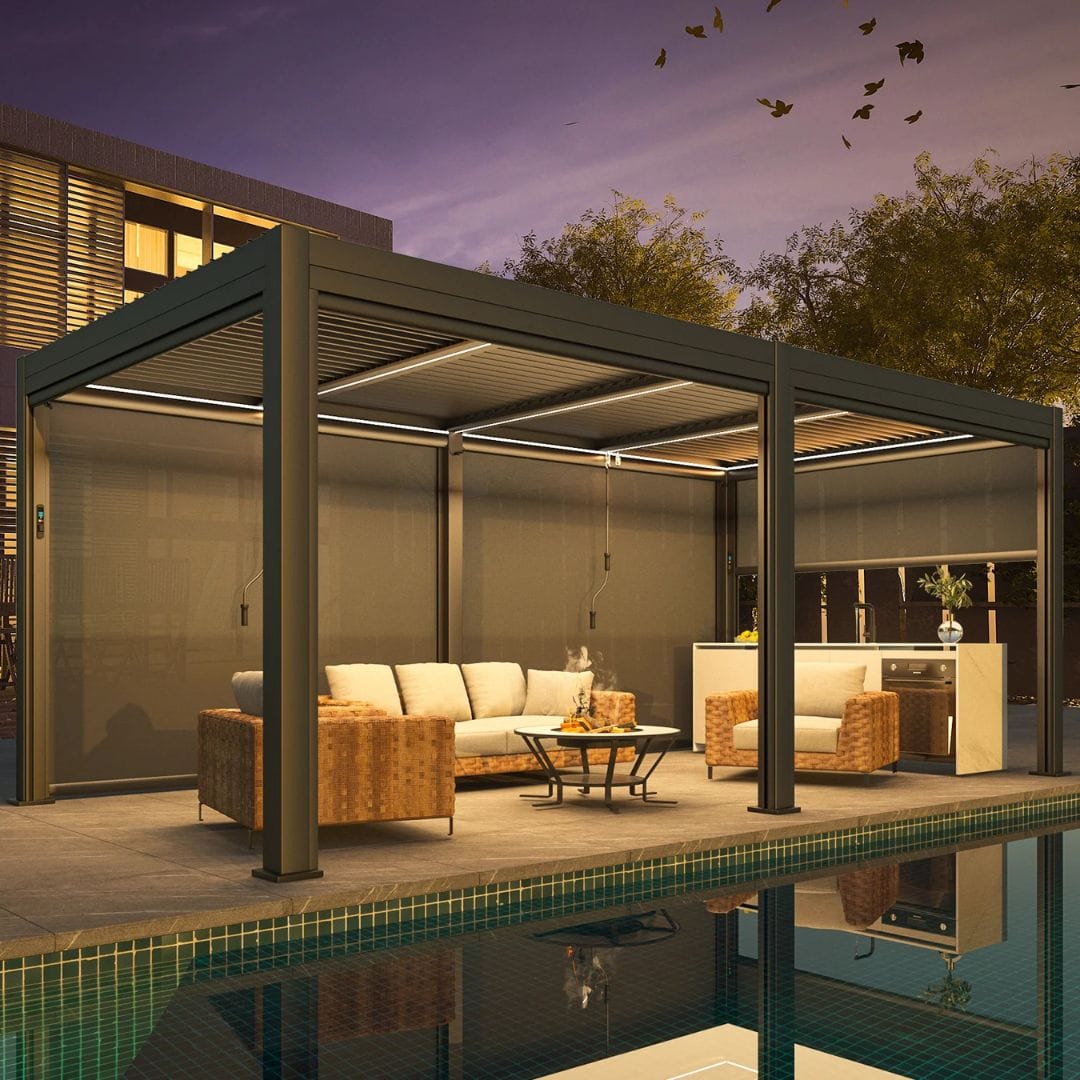 Custom motorized pergola with built-in LED lights and privacy screen wall - grandseabuilding.com