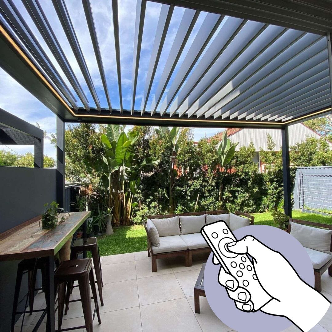 Remote control to open and close the motorized louver pergola roof - grandseabuilding.com