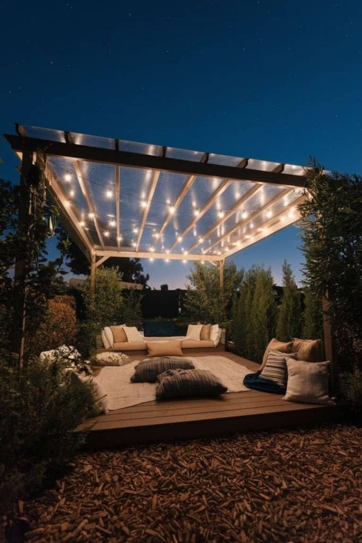 an urban pergola draped with jasmine and string lights - grandseabuilding.com