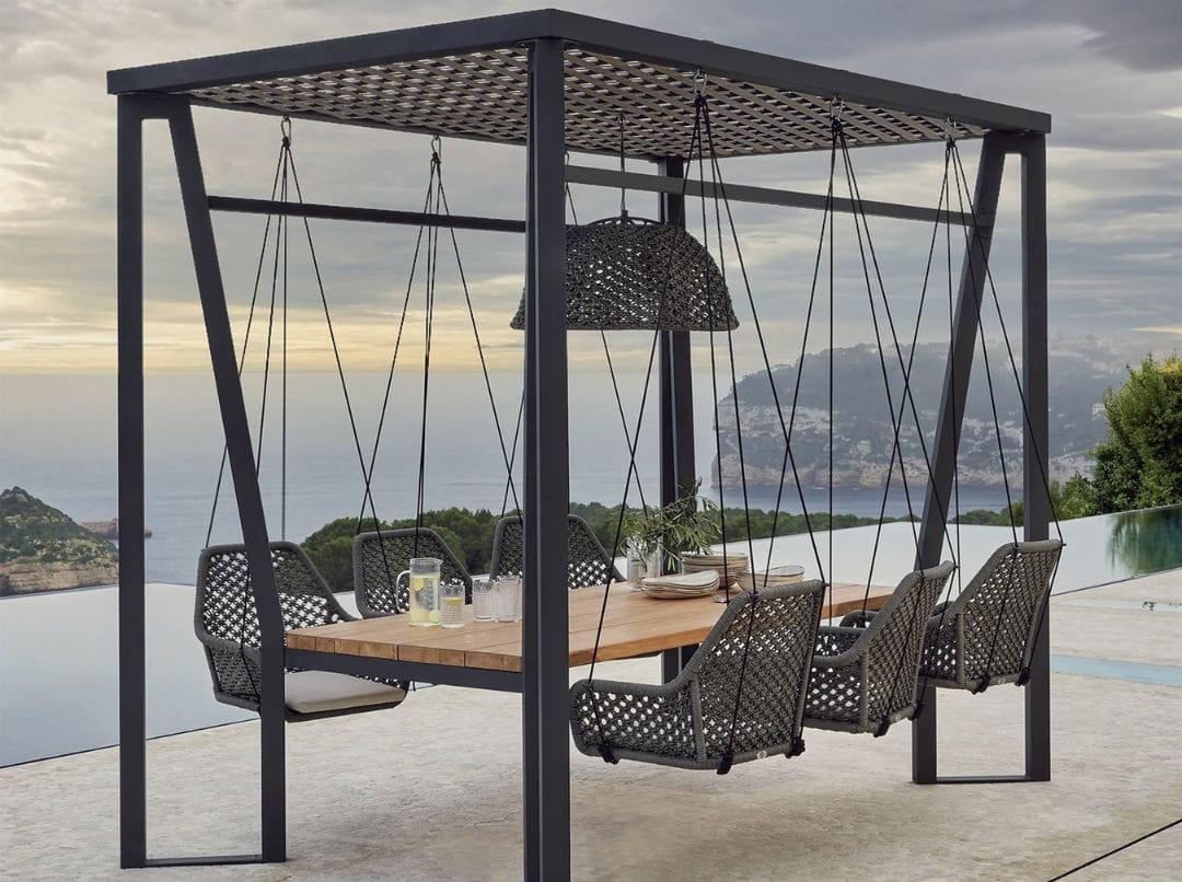 modern aluminum Pergola with 6 swing Chairs Teak Table - grandseabuilding.com