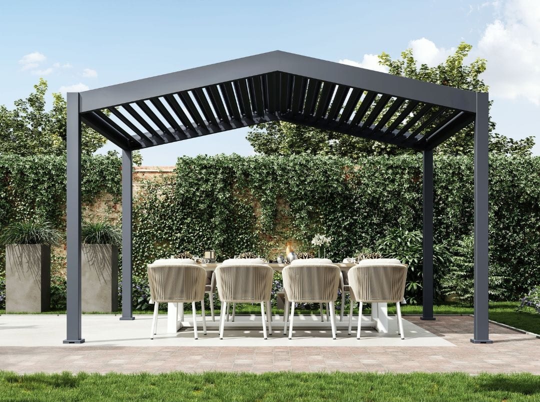 modern freestanding angled pergola with louvered roof - grandseabuilding.com